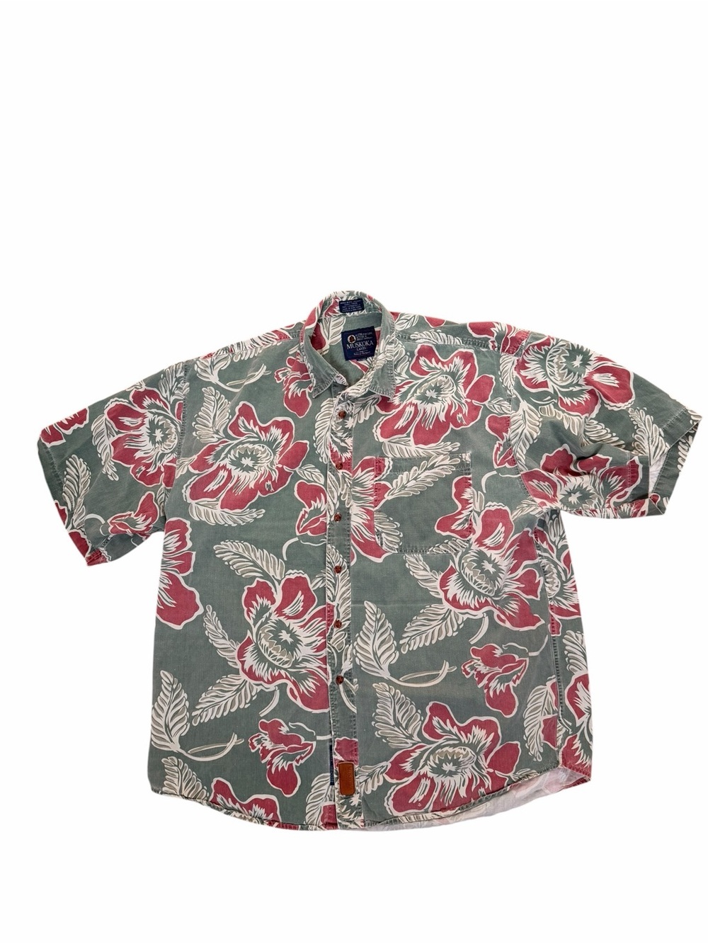 Vintage 90s Men’s Large Hawaiian Shirt Green Pink Floral Button Up Short Sleeve